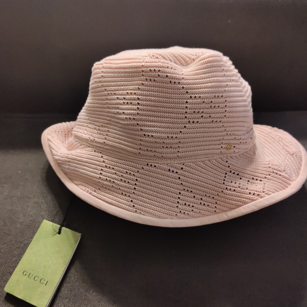 Gucci Knitted Crochet Malibu GG Fabric Leather Bucket Hat Pink XL 59 cm New - Picture 3 of 8